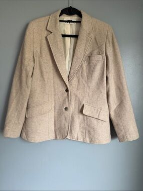 VTG Women’s Beige Wool Blend Tweed Blazer Academic Career Coppycore Jacket Med